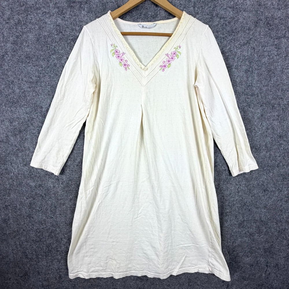 BHS Sleep Dress Womens 12-14 Cream Embroidered Floral Nightgown Grandma Girly